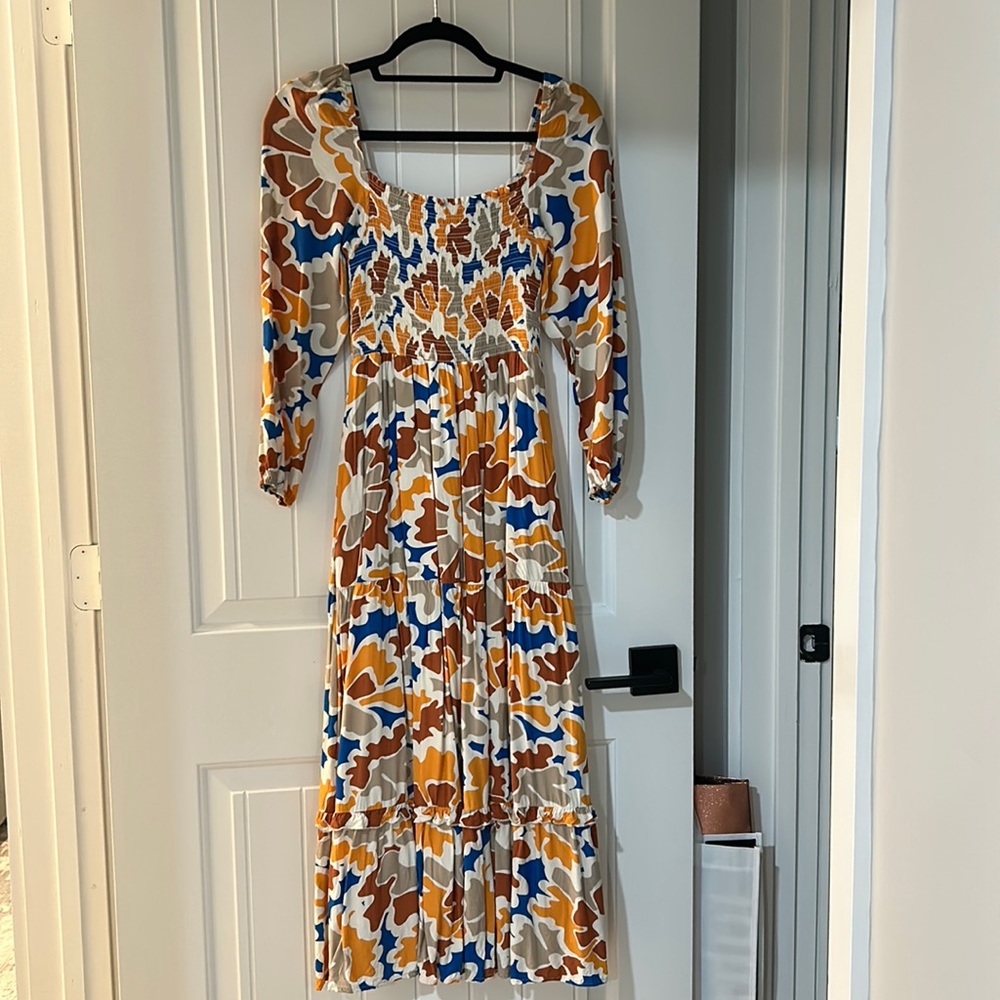 Anthropologie Floral Midi Dress in Cream, Mustard & Blue